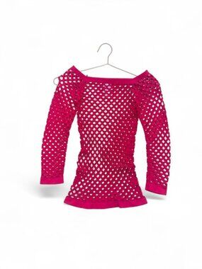 Y2K Bright Red Fishnet Mesh Long Sleeve Top – Stretch Layering Top